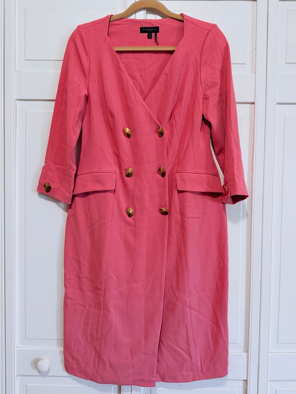 Donna Karan Coral-Pink Double-Breasted Midi Dress with Gold Buttons